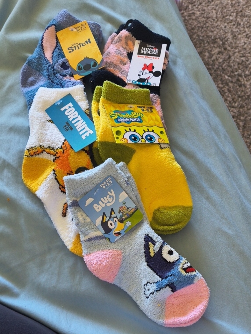 Kids Character Plush Socks Pack - Blue, Yellow, Green, Pink